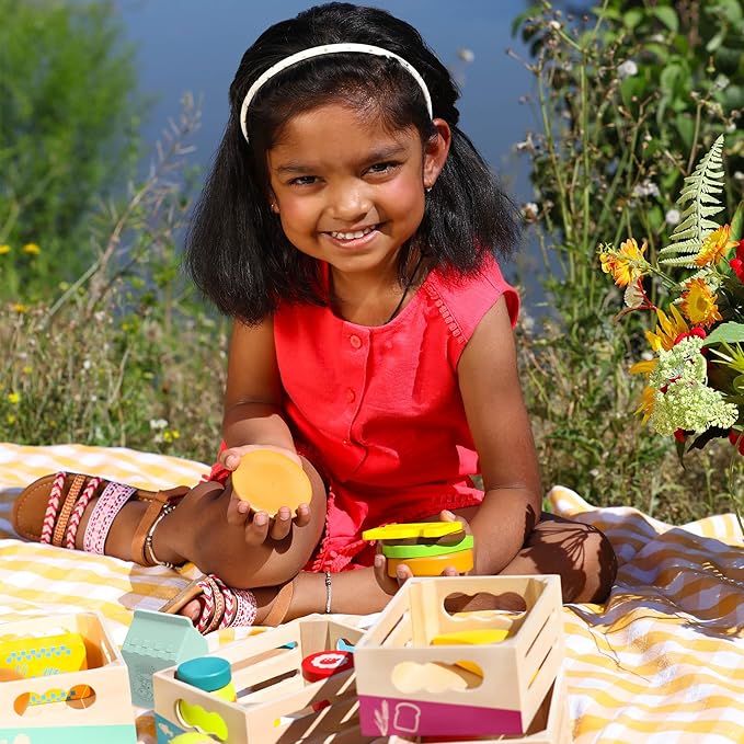 B. toys- Little Foodie Groups- Pretend Play Wooden Play Food – Food Group Crates – 24 Play Kitchen Accessories – Educational Toys for Kids – 3 Years +