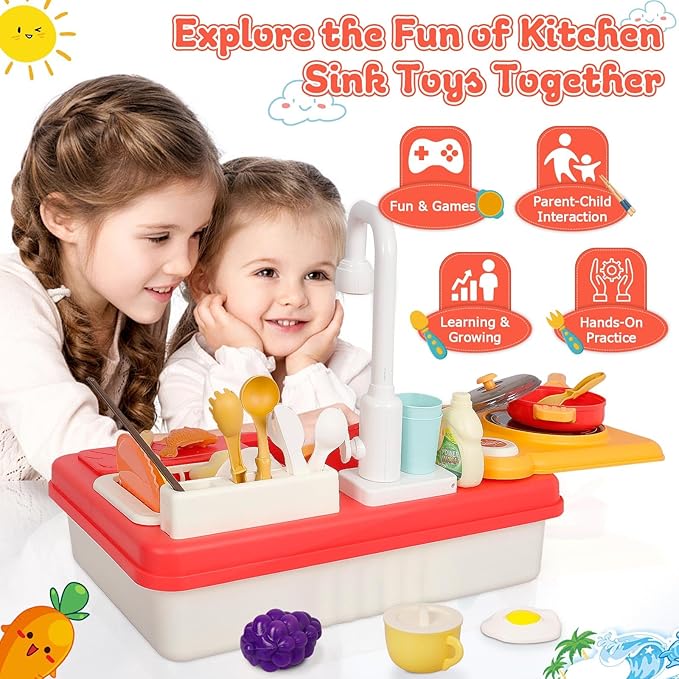Kids Play Sink with Running Water, Toddler Sink Toy with Running Water with Electric Faucet, Kids Play Kitchen Sink Playset, Kids Play House Pretend Role Play Dishwasher Toy for Boys Girls, Red
