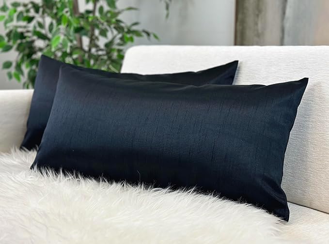 Aiking Home 12x24 Inches Faux Silk Rectangular Throw Pillow Cover, Zipper Closure, Black (Set of 2)