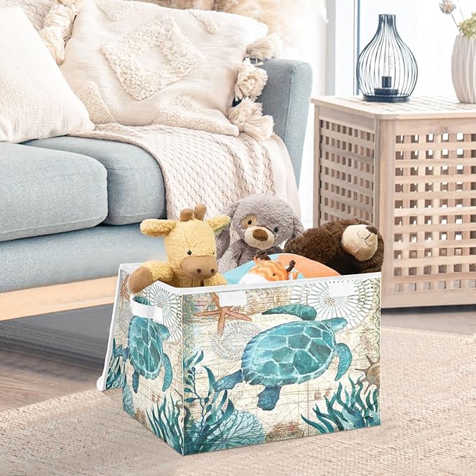 senya Large Storage Bins with Linen Collapsible Foldable Storage Cubes Fabric Closet Organizer Containers box with Flip-Top Lid for Home Bedroom Office 16.7 x 12.6 x 11.8in (Sea Turtle)