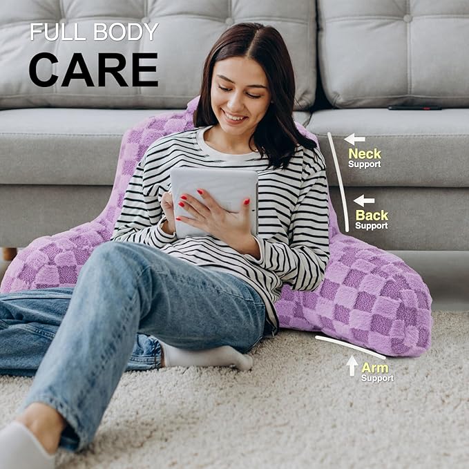 Aimuan Reading Pillow Checkered Bed Rest Wedge Backrest Checkerboard Pillow with Arms Back Support for Sitting Up in Bed Cushion Incline Rest Sleeping Snoring Pillow, Purple Large