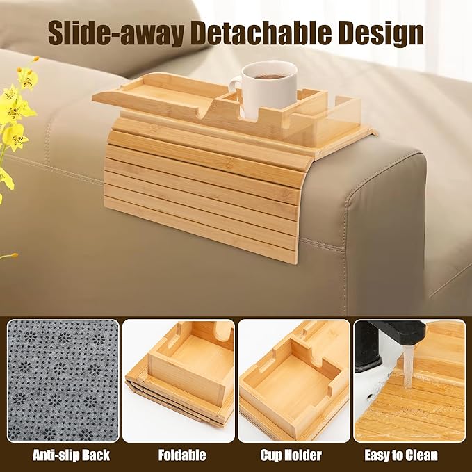 Bamboo Couch Cup Holder, Foldable and Anti-Slip Sofa Arm Table with Detachable Sofa Arm Organizer Tray, Portable 2 in 1 Sofa Armrest Tray for Drink, Coffee, Cup, Remote, Snacks, Cellphone, Glasses