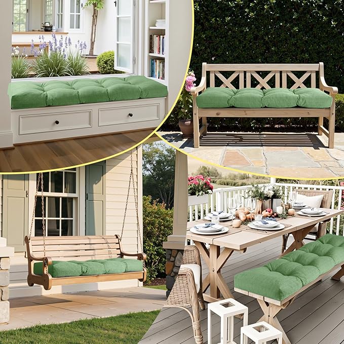 Waterproof Bench Cushion 36 Inch - Oliven Fabric, High-Density Foam, Non-Slip Bottom, Soft Durable Outdoor Tufted Long Seat Cushion for Window Garden Furniture (Green, 36x14x4 Inch)