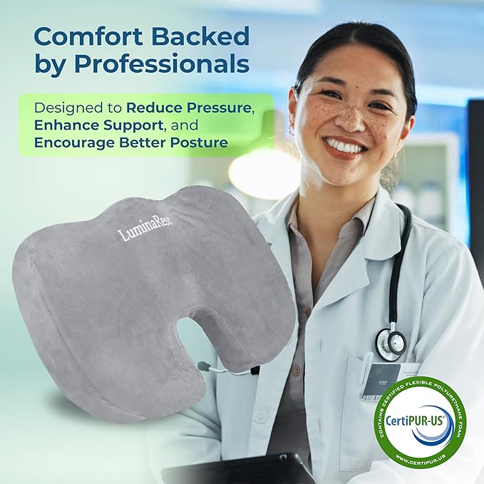 LuminaRest® Gel Seat Cushion for Long Sitting – Premium CertiPUR-US® Certified Memory Foam, Ergonomic Office Chair Cushion for Tailbone & Coccyx Pain Relief, Sciatica & Back Support – (Gray)