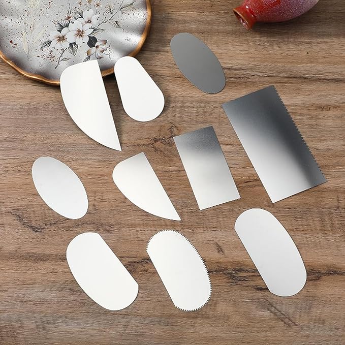 Heyous 10PCS Stainless Steel Clay Pottery Moulding Set Sculpture Ceramic Modelling Tool Clay Spade Cake Baking Scraper Blade for Smooth Finishing and Fingerprint Removal