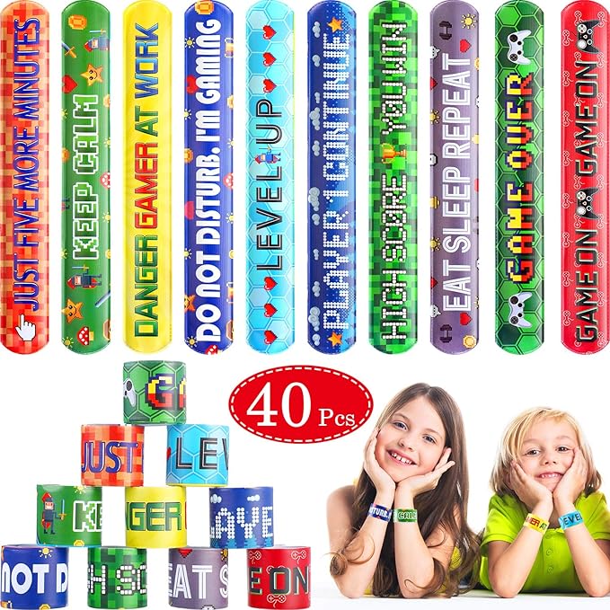 Blulu 40 Pcs Video Game Slap Bracelets Pixelated Party Pixelating Party Wristbands Supplies, Pixelating Snap Bracelets for Kids Gamer Birthday Party Favors (10 Style)