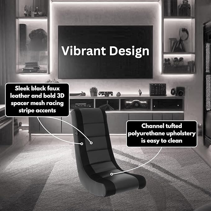 The Crew Furniture Classic Video Rocker Floor Gaming Chair, Kids and Teens, Racing Stripe PU Faux Leather & Polyester Mesh, Black/Black