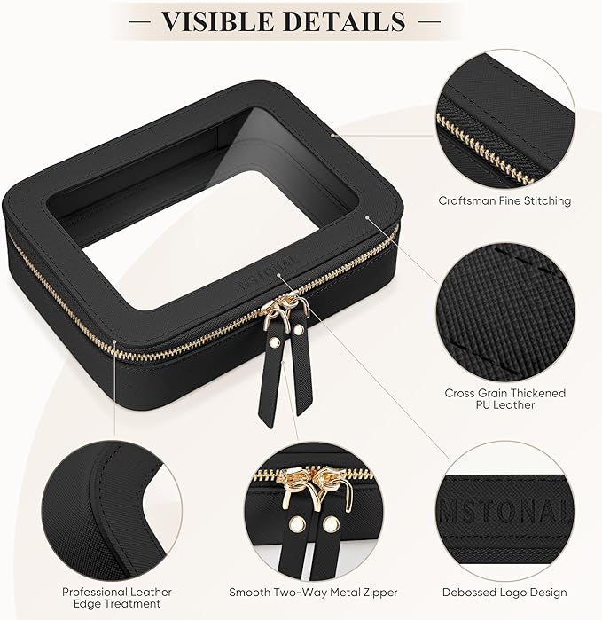 MSTONAL Clear Makeup Bag, Travel Toiletry Bag Cosmetic Case for Women, Waterproof Portable Make Up Skincare Pouch with Zipper, Compact Car Organizer Bag for Essentials, Medium Size, Black