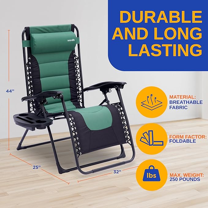 SereneLife Outdoor Adjustable Zero Gravity Lounge Chair Recliner with Foldable Design, Side Table, Cup Holder, Padded Headrest, Weather-Resistant Steel Frame, Breathable Fabric Green and Black