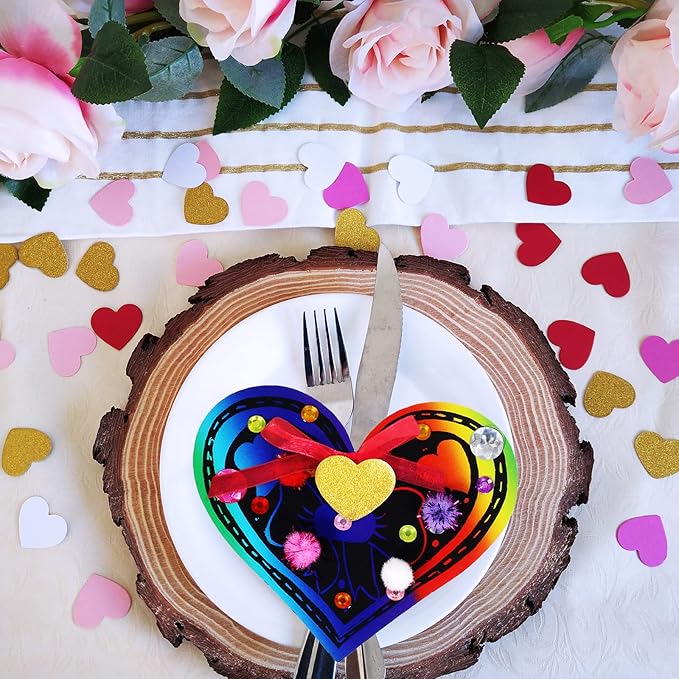 27 Sets Magic Color Scratch Paper Heart Ornaments Bookmarks Valentine Craft Kits Scratch Paper Heart Cutouts Pom-poms Googly Eyes for Kids Activity Art Project Valentine Party Favor Tree Decoration