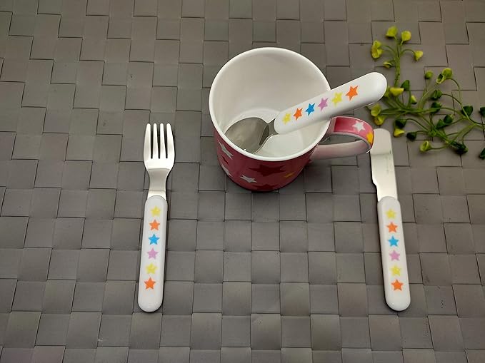 EXZACT Kids Flatware 6pcs Stainless Steel 18/10 Toddler Utensils Flatware- 3 x Forks, 3 x Spoons- BPA Free, Dishwasher Safe - 12 M+ - Stars & Dots