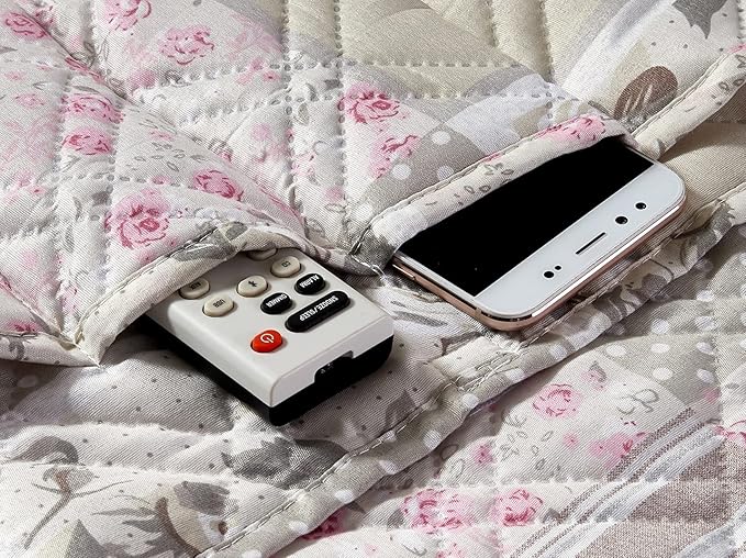 Brilliant Sunshine Grey Cupid and Pink Rose Patchwork Sofa Armrest 5 Pockets Organizer, Slip Resistant Armchair Caddy, Washable Remote Controls Holder, Storage for Magazine, Tablet, 35×13",Pink Grey