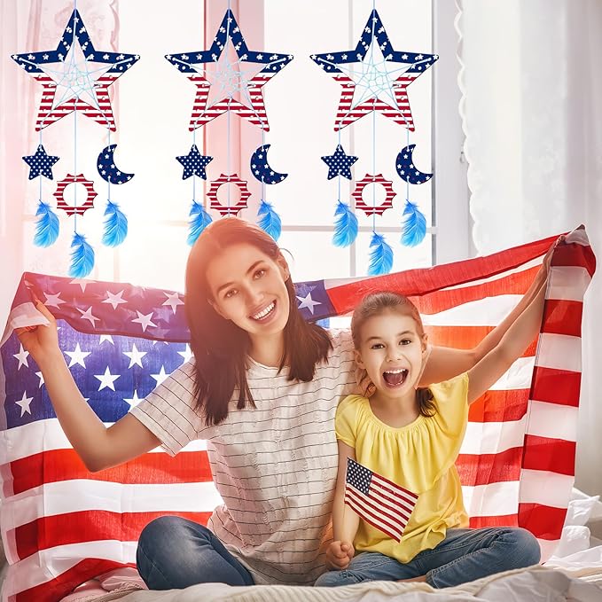 8Pack Star Dream Catcher Kit fot Kids,Unfinished Wood Star Shape Coloring 4th of July Craft DIY Crafts Wooden Patriotic Star Ornaments for Home Classroom Decorations Independence Day Party Favors