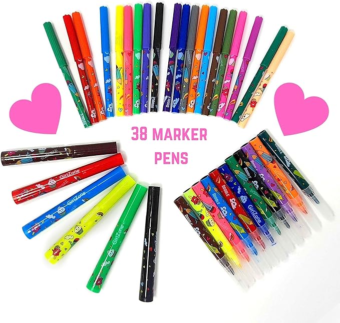 GirlZone Fruit Scented Markers Set with Case, 38 Vibrant Colors, Washable Art & Craft Kids Marker Set for Drawing, Sketching and Coloring, Rainbow Gifts for Kids, Girls Birthday