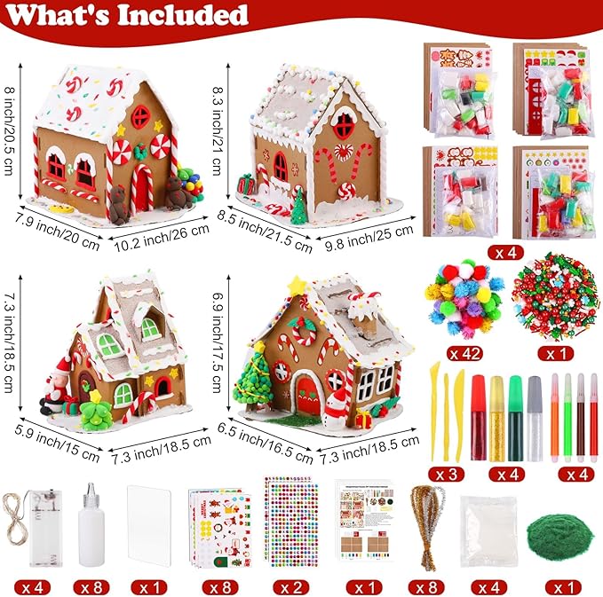 Fovths 4 Sets Clay Christmas Gingerbread House Kit with Lights Craft Cardboard Gingerbread House DIY Christmas Decorations Holiday Activity Arts and Crafts for Christmas Party Supplies Decoration