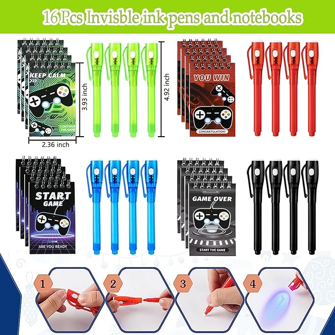 80 Pcs Video Game Party Favors Party Supplies Invisible Ink Pens Notebook Silicone Bracelet Gift Paper Bag Video Game Controller Keychain Birthday Supplies for Kids Gamer Party Favors Game Stuffer Bag