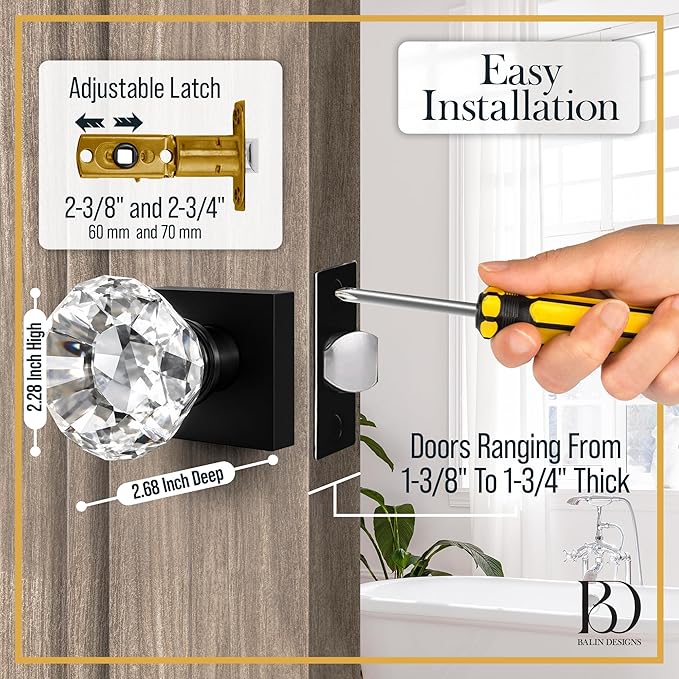 Clear Crystal Door Knob, Square Base, Glass Door Knobs Interior Non-Locking Set, Antique Decorative Vintage Style for Hallway, Closet, Passage Doors, 1 Pack