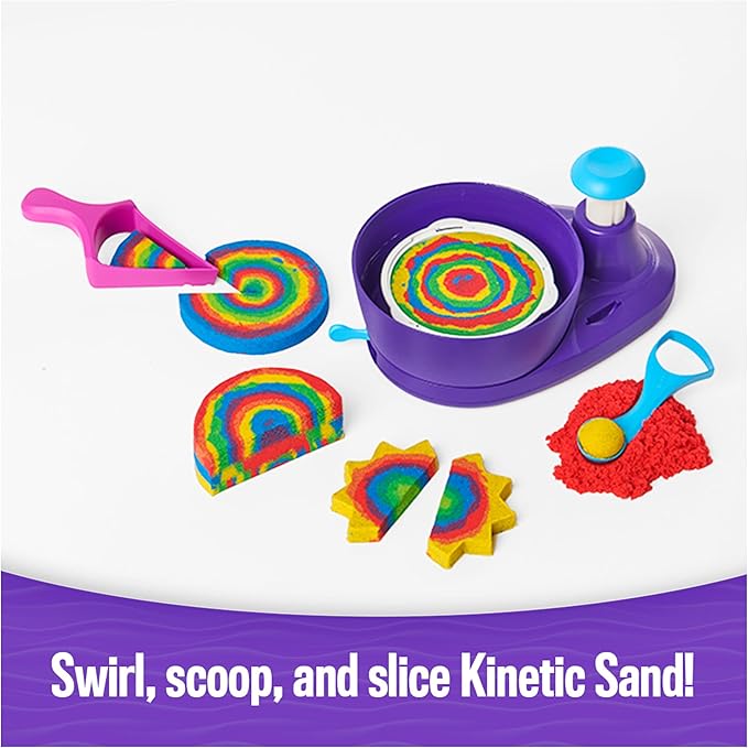 Kinetic Sand, Swirl N’ Surprise Playset with 2lbs of Play Sand, Including Red, Blue, Green, Yellow and 4 Tools, Sensory Toys for Kids Ages 3 and up