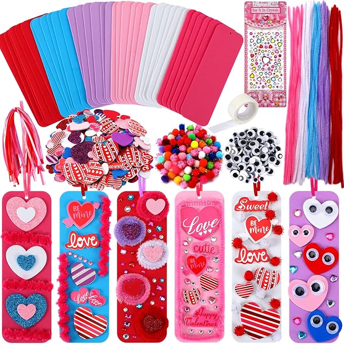JULBEAR 36 Sets Valentine's Day Crafts Kits DIY Foam Bookmarks Decorations Art Sets Hearts Foam Self-Adhesive Stickers Arts for Kids Valentine's Mother's Day Classroom Activities Gift Exchange