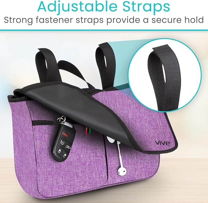 Vive Wheelchair Carry Bag - Arm Rest Pouch for Rollator, Walkers, Power Wheel Chairs and Knee Scooters - Side Storage Organizer for Elderly, Seniors, Adults (Purple)