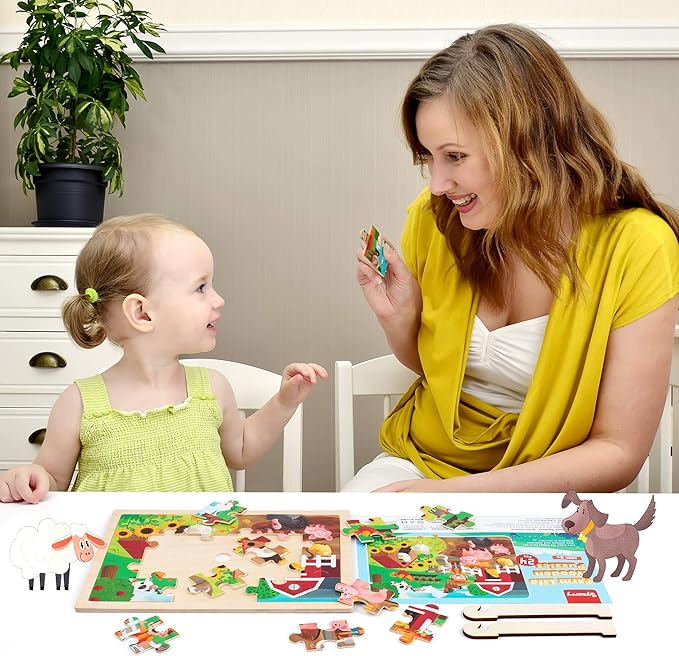 SYNARRY 24 Pieces Puzzles for Kids Ages 3-5, Farm Wooden Jigsaw Puzzles with Storage Tray, Educational Preschool Puzzles Toys Set for Toddler Boys and Girls