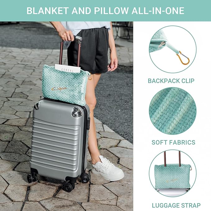 CLEXION Travel Blanket Pillow-Premium Soft 2 in 1 Airplane Blanket for Long Trips Essentials with Bag Pillowcase, Hand Luggage Sleeve and Backpack Clip (Mint Green)
