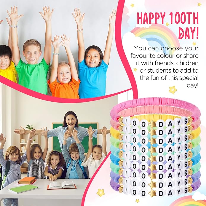 36 Pcs Happy 100th Day of School Bracelets Colorful Friendship Beads Bracelet for Boy Girl Kids Cute 100th Day Gifts Stretchy Acrylic Clay for School Supply Decor Student Rewards