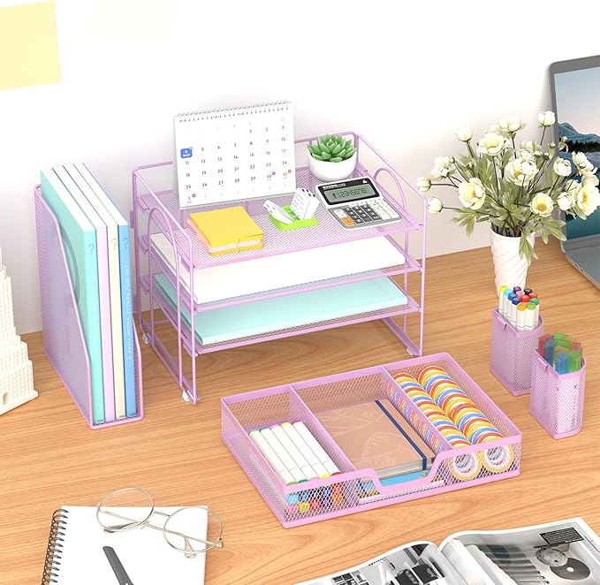 Marbrasse Desk Organizer and Accessories，4-Tier Paper Letter Tray Organizer with File Holder, Workspace Desk Organizers Accessories with Drawer and 2 Pen Holder (Purple, 15.4" x 9.1" x 8.3")