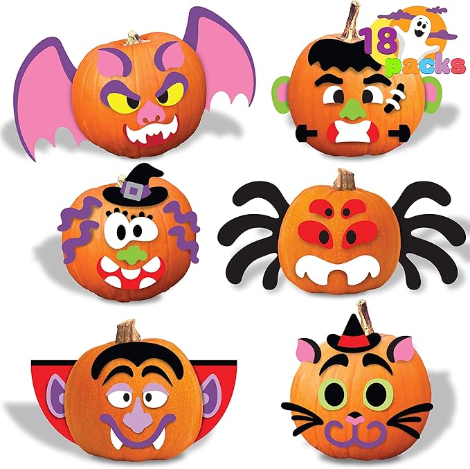 JOYIN 18 Packs Halloween Craft Foam Stickers, Arts Activities Party Supplies, Kids Party Favors, Pumpkin Decorating Kit, Jack O Lantern Face Sticker in 6 Funny Designs, Pumpkin Decor School Party Game