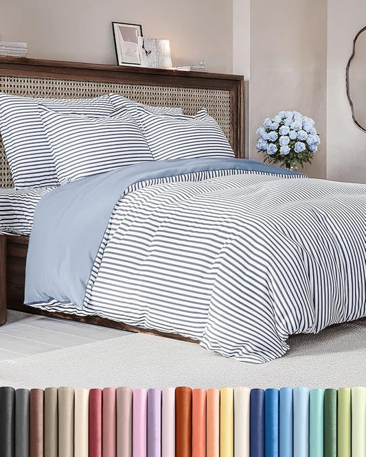 Duvet Cover Full Size Set - Extra Soft Full Size Duvet Cover 80 x 90 with 2 Pillow Shams - Hotel Luxury Easy Care and Fade Free w/Zipper Closures & Ties - Comfy Breathable Bedding Set (Blue Stripes)