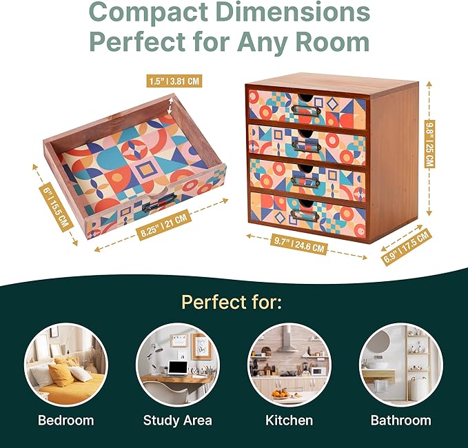 Add Color To Your Desk - MCM Geometric Wooden Desk Organizer - Desktop Storage with 4-Drawer - Wood Cabinet for Office Supplies, Craft Tools, & Home, Countertop, Tabletop Organization