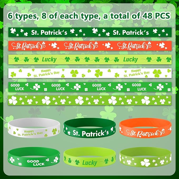 Lesnala 48 PCS St. patrick's day rubber wristband Shamrock Element Silicone Bracelet Theme Party Decoration for kids teens women men gifts holiday accessories Green