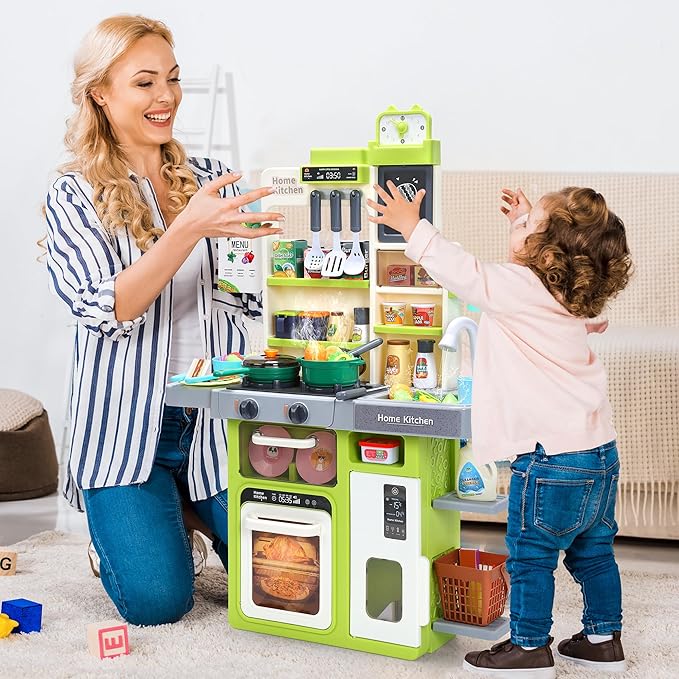 HOLYFUN Kids Kitchen Playset, Pretend Play Kitchen with Sounds and Lights, Cooking Stove Steam,Play Sink and Play Food,Toy Kitchen Set for Kids Toddlers, Green