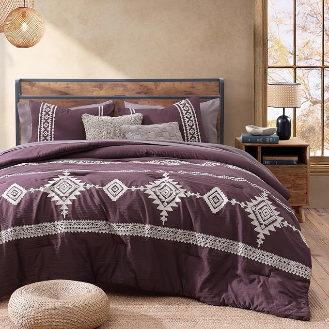 MaiRêve Embroidery King Size Comforter Set Purple, Boho Farmhouse Western Bedding Set 7 Pieces, All Season Bed in A Bag Comforter Set with Sheets, Pillowcases & Shams