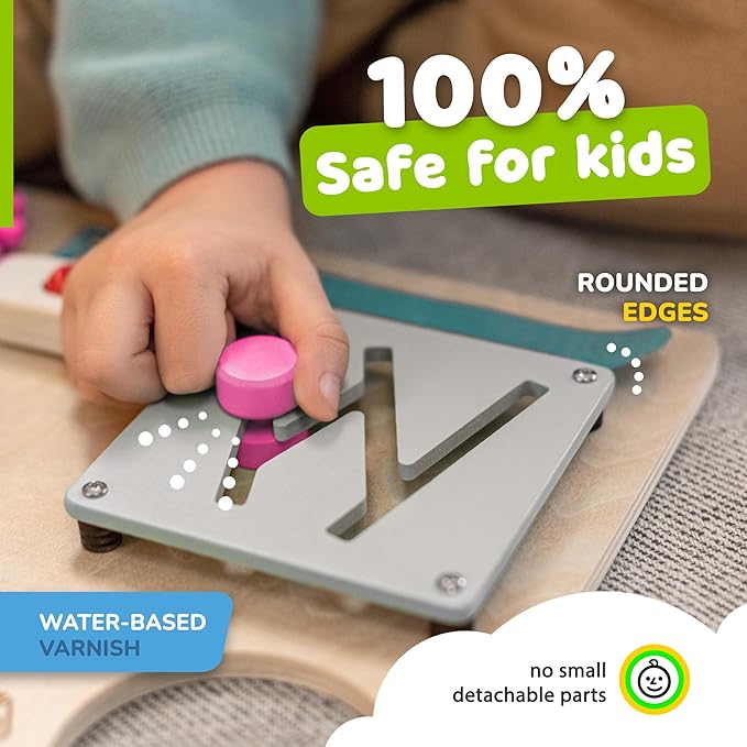 Busy Board Montessori Toys for Toddlers, Sensory Wooden Toy with 10 Preschool Learning Activities for Fine Motor Skills, Educational Plane and Car Travel Toy for Toddlers Boys and Girls