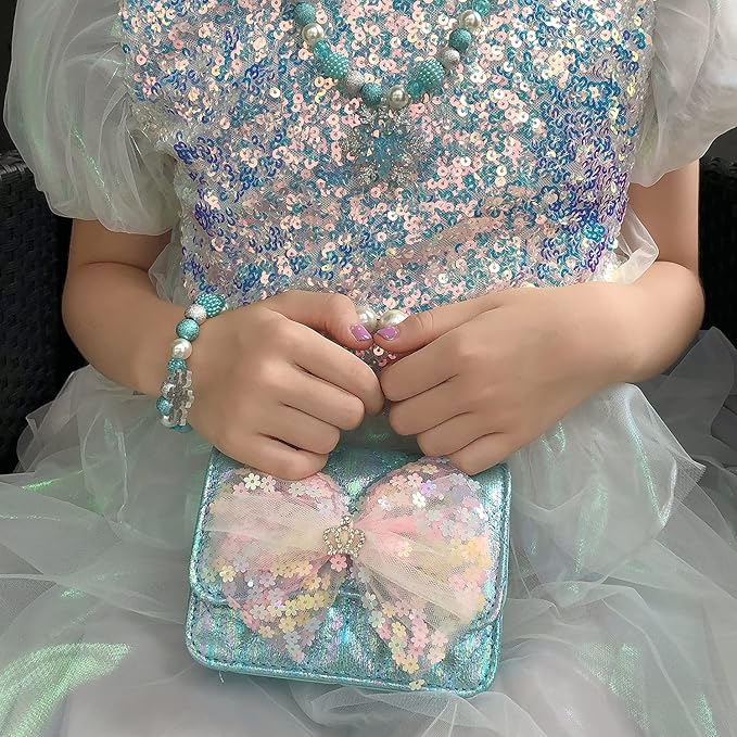 Girl Handbag Purse for Little Girls Kids Pretend Play Dress Up Necklace Hair Accessories Jewelry Set, Light Blue
