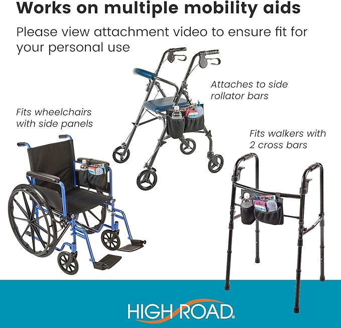 High Road Wheelchair Side Bag - Stretch Neoprene Walker Pouch with Insulating Cup Holder and 2 Storage Pockets