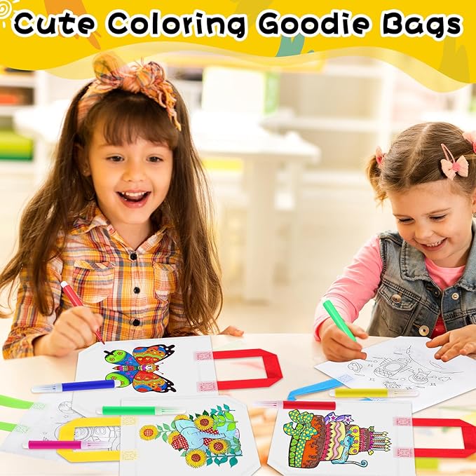 Loccmat 48 Pcs Coloring Goodie Bags for Kids,Reusable Art Party Favor Bags,Non Woven Coloring Totes,Color Your Own Bag,Graffiti Goodie Bags,Birthday Party Favor Bags (22 Styles,240 Colorful Pens)