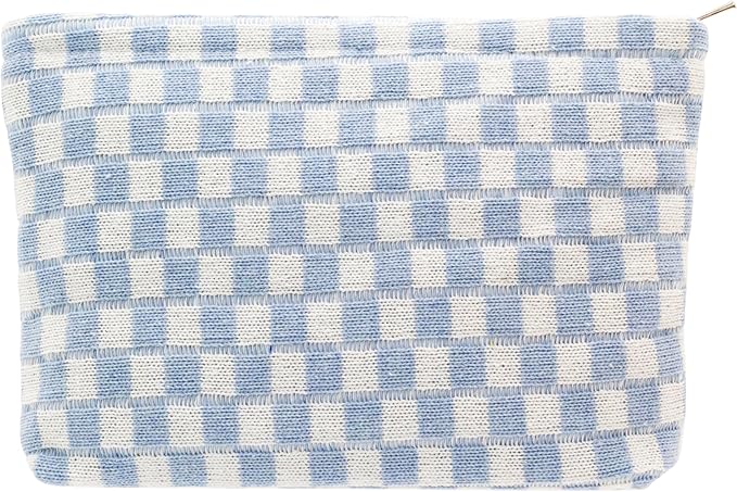 PAZIMIIK Knit Checkered Makeup Bag Large Zipper Make Up Accessory Pouch for Purse Cosmetic Brush Bag for Travel Essential,Blue