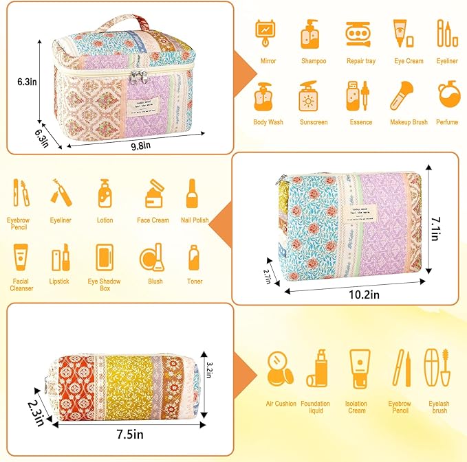 URSKYTOUS 3Pc Cotton Quilted Makeup Bags for Women Large Small Coquette Floral Travel Cosmetic Bag Set Aesthetic Cute Flower Makeup Pouch Portable Toiletry Bag Puffy Essential Storage Organizer Bag