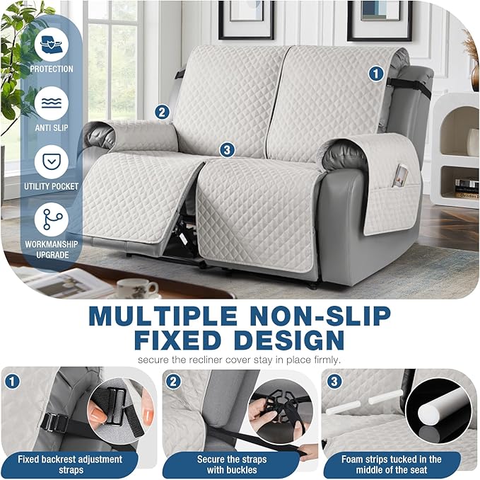 TAOCOCO Loveseat Recliner Cover Non-Slip Sofa Slipcover, Pet Cover for Loveseat Recliner with Elastic Straps, Washable Reclining Loveseat Cover Recliner Furniture Protector (2 Seater, Off White)