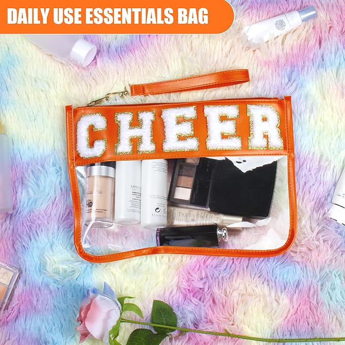 BuyCard Cheer Chenille Letter Bags Clear Makeup Bag, Cheerleader Gifts Cosmetic Bag, Varsity Preppy Patch Flat Pouch Cheer Accessories, Waterproof PVC Organizer Toiletry Bag for Women Girls Orange