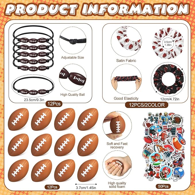 86 Pcs Football Party Favors 50 Sheets Football Stickers 12 Sports Stress Ball Mini Foam Football Ball, 12 Football Charm Bracelets, 12 Football Scrunchie Sports Valentines Football Gifts Supplies