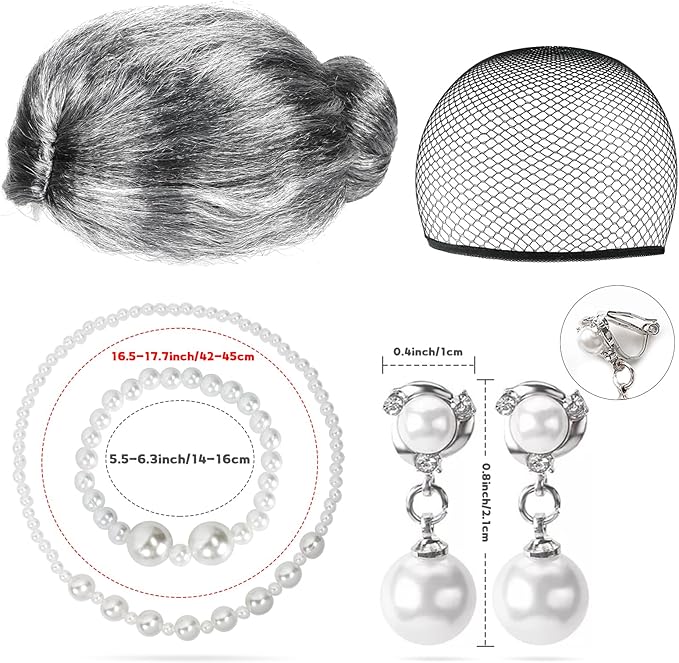 Kyson Girls Old Lady Costume for Kids 9 Pcs 100th Days of School Granny Wig Apron Outfit Halloween Dress Up Accessories