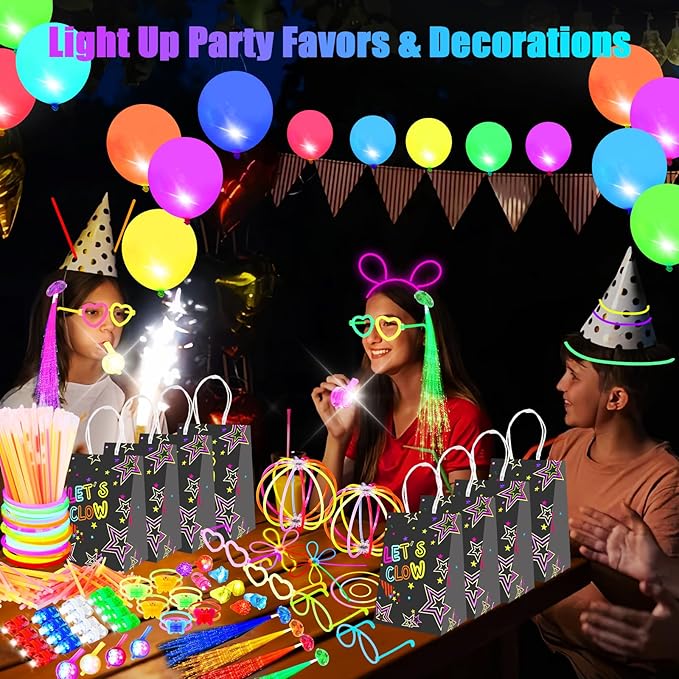 312PCS Glow in the Dark Party Supplies, Light Up Party Favors with 40 finger lights, LED Neon balloons, LED Whistle, 100 Glow Sticks Bulk DIY Glow Necklaces Glasses, Neon Party Supplies & Decorations