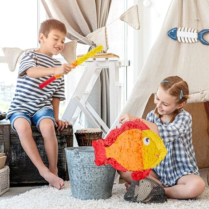 Lewtemi 16.5 in Fish Piñata and Piñata Stick with Blindfold Confetti Set Kids Pinata Fish Party Decorations Gender Reveal Piñata for Kids Baby Shower Christmas Birthday Ocean Themed Party Decorations