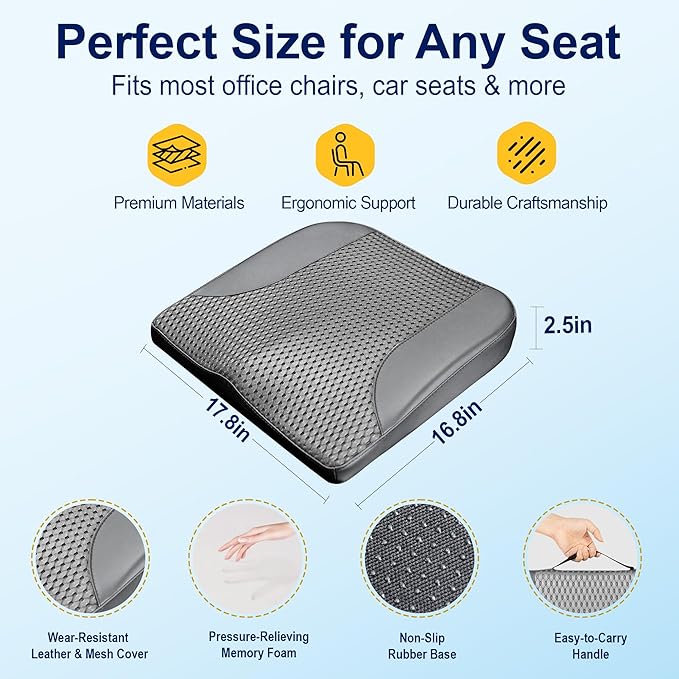 kingphenix Car Seat Cushion – Memory Foam Pad for Driving Comfort – Boosts Height and Relieves Coccyx & Lower Back Pain – Car, Truck, Office Chair (Leather & 4D Mesh Gray)