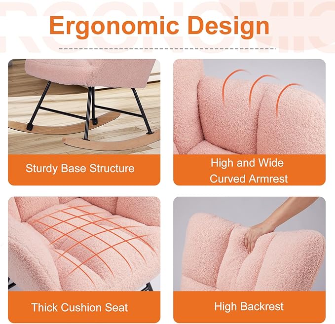 Sweetcrispy Rocking Chair Nursery, Teddy Upholstered Glider Rocker with High Backrest, Reading Chair Modern Rocking Accent Chairs Glider Recliner for Living Room, Nursery, Bedroom