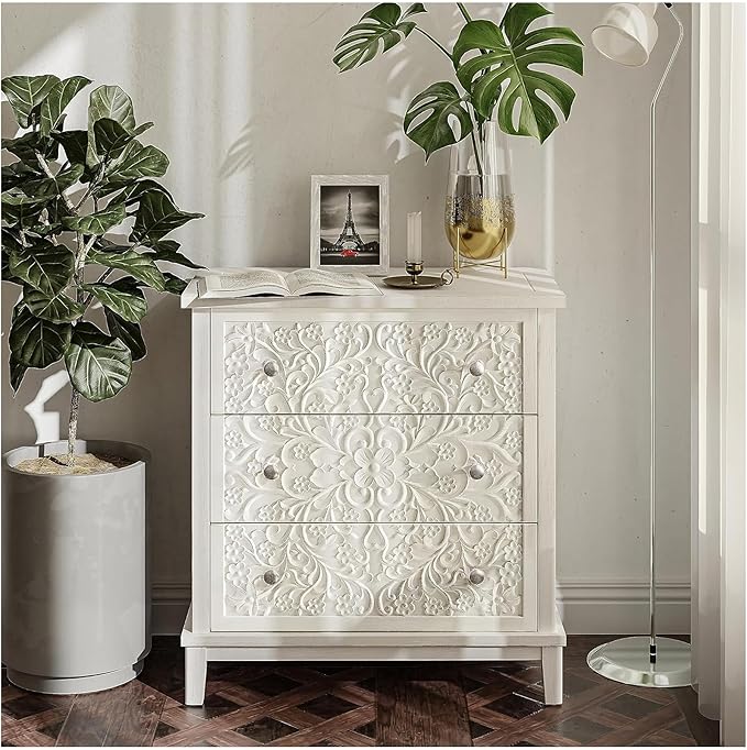 COZAYH 3-Drawer Fully-Assembled Flower Motif Dresser for French Country, Farmhouse, Modern, Rustic Style, Distressed Finish, White-Washed
