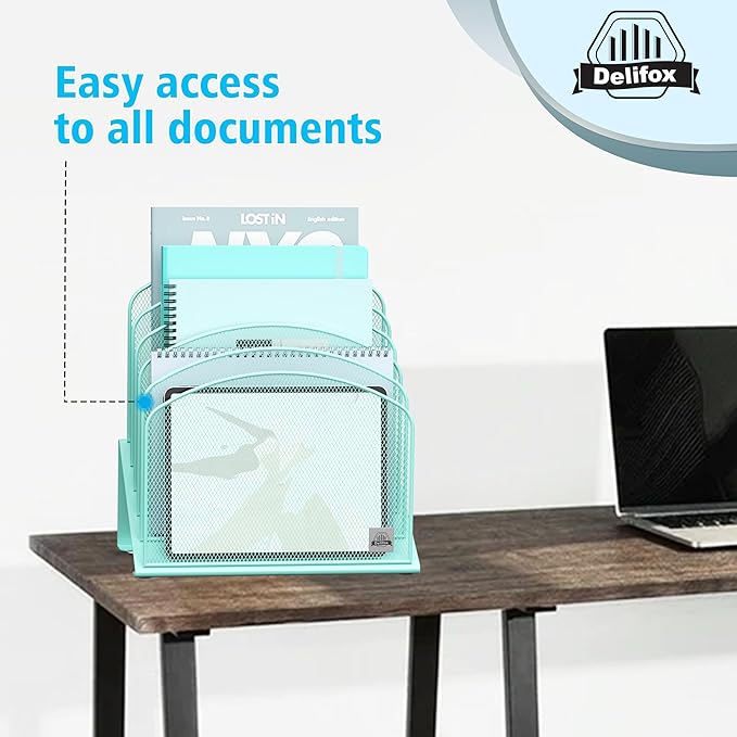 Inclined Desk File Organizer, 5-Section Vertical File Folder Holder Stand Metal Rack File Sorter for Office Classroom Desktop Organization